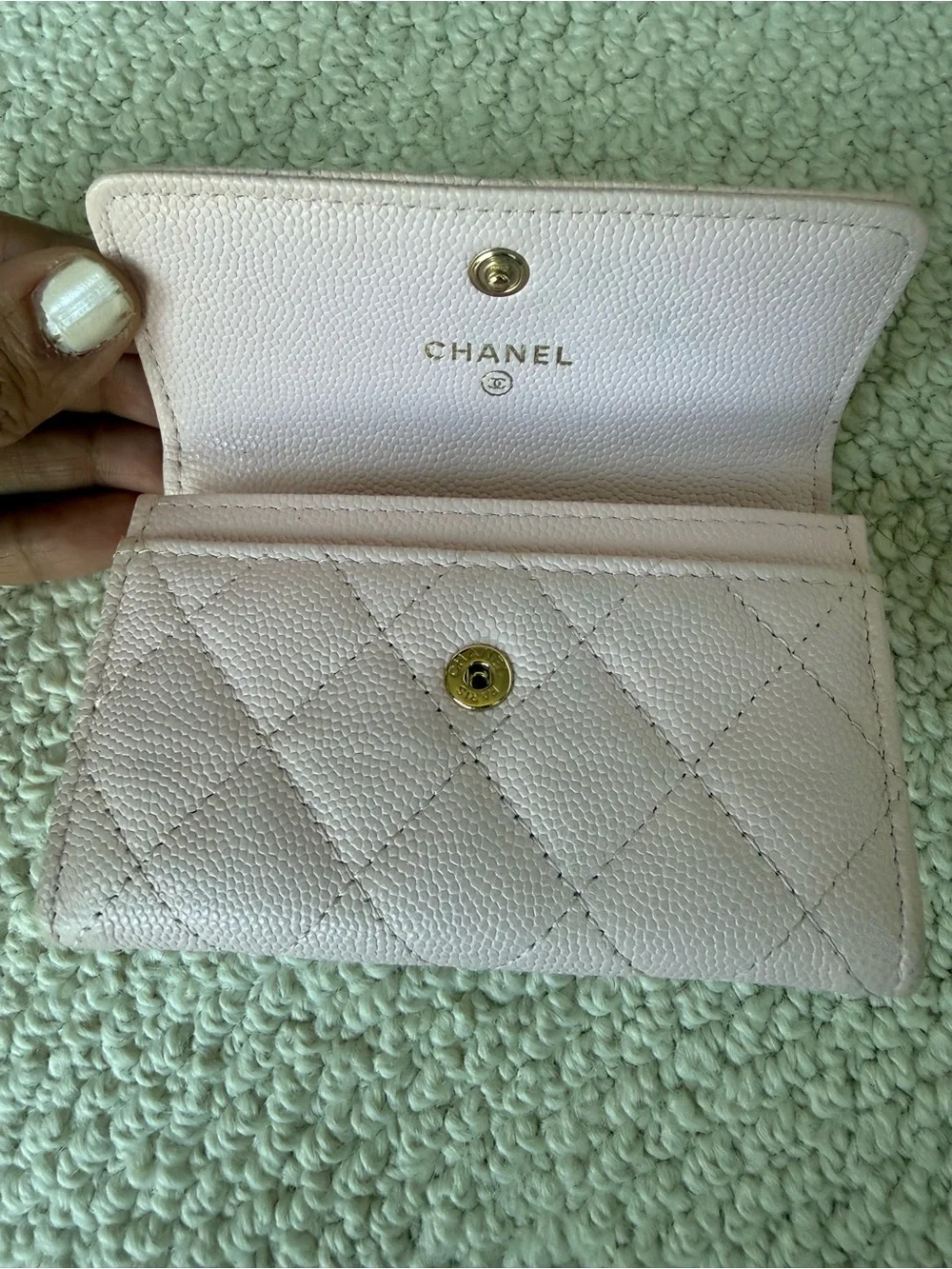 CHANEL Pink Quilted Caviar Crystal CC Logo flap Wallet